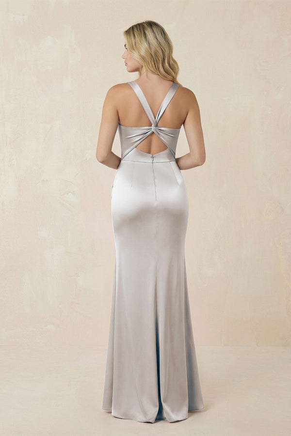 Sheath Square Neck Ruched Satin Bridesmaid Dress in Frost - KISS BRIDAL Bridesmaid Dresses