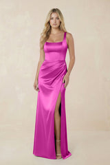 Sheath Square Neck Ruched Satin Bridesmaid Dress in Fuchsia - KISS BRIDAL Bridesmaid Dresses