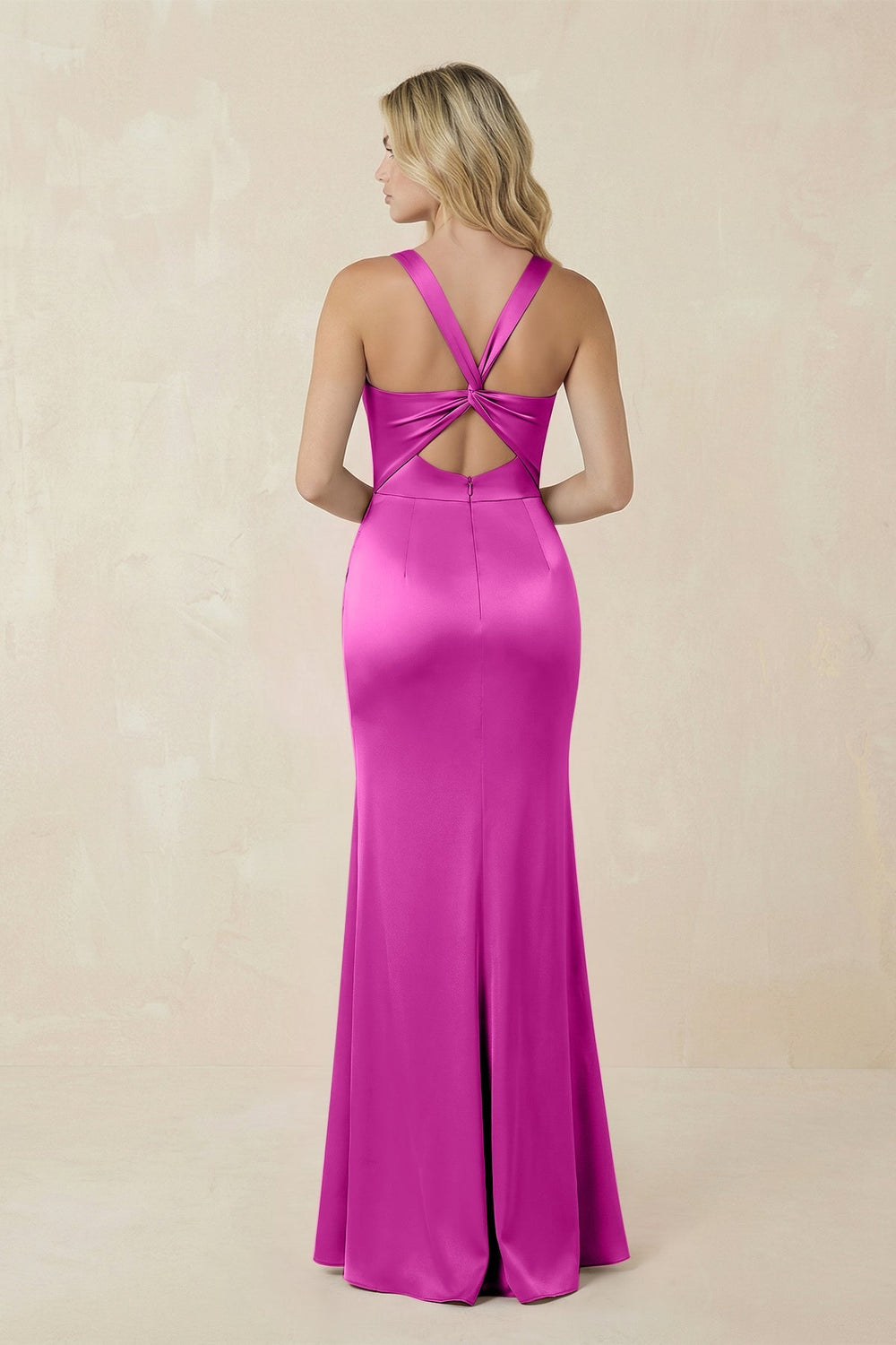 Sheath Square Neck Ruched Satin Bridesmaid Dress in Fuchsia - KISS BRIDAL Bridesmaid Dresses