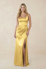 Sheath Square Neck Ruched Satin Bridesmaid Dress in Gold - KISS BRIDAL Bridesmaid Dresses