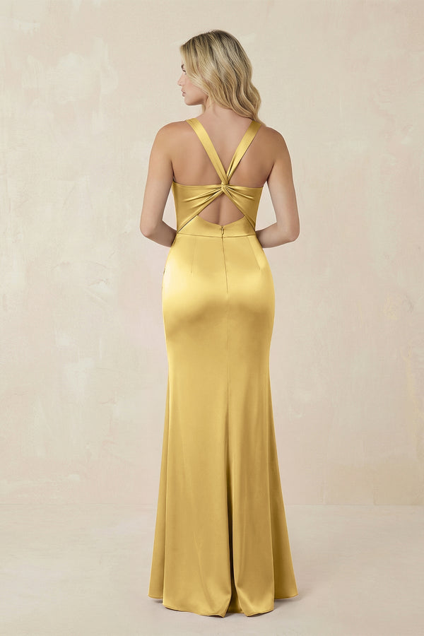Sheath Square Neck Ruched Satin Bridesmaid Dress in Gold - KISS BRIDAL Bridesmaid Dresses