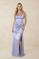 Sheath Square Neck Ruched Satin Bridesmaid Dress in Lavender - KISS BRIDAL Bridesmaid Dresses