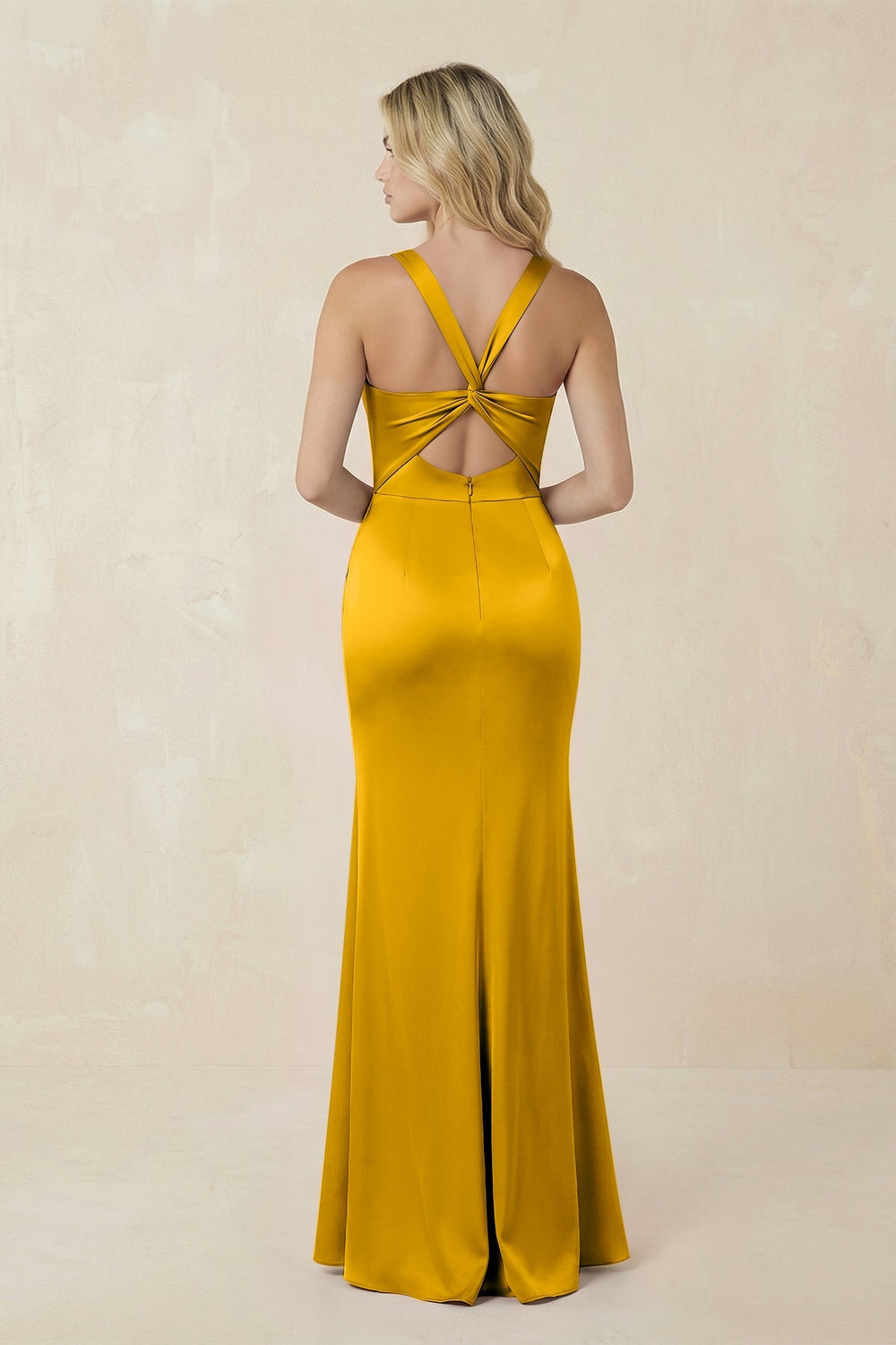 Sheath Square Neck Ruched Satin Bridesmaid Dress in Marigold - KISS BRIDAL Bridesmaid Dresses
