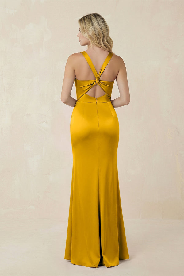 Sheath Square Neck Ruched Satin Bridesmaid Dress in Marigold - KISS BRIDAL Bridesmaid Dresses