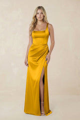 Sheath Square Neck Ruched Satin Bridesmaid Dress in Marigold - KISS BRIDAL Bridesmaid Dresses