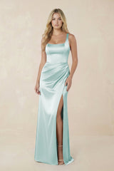 Sheath Square Neck Ruched Satin Bridesmaid Dress in Mist - KISS BRIDAL Bridesmaid Dresses