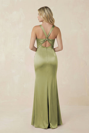 Sheath Square Neck Ruched Satin Bridesmaid Dress in Moss Green - KISS BRIDAL Bridesmaid Dresses
