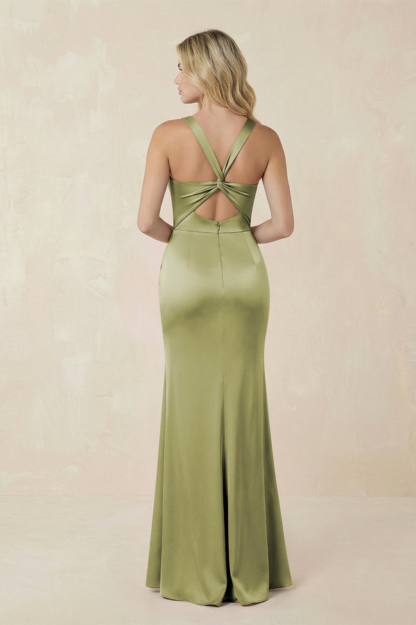Sheath Square Neck Ruched Satin Bridesmaid Dress in Moss Green - KISS BRIDAL Bridesmaid Dresses