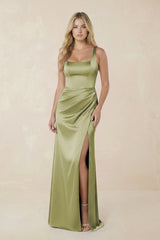 Sheath Square Neck Ruched Satin Bridesmaid Dress in Moss Green - KISS BRIDAL Bridesmaid Dresses
