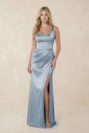 Sheath Square Neck Ruched Satin Bridesmaid Dress in Neptune - KISS BRIDAL Bridesmaid Dresses
