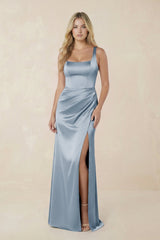 Sheath Square Neck Ruched Satin Bridesmaid Dress in Neptune - KISS BRIDAL Bridesmaid Dresses