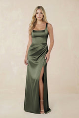 Sheath Square Neck Ruched Satin Bridesmaid Dress in Olive - KISS BRIDAL Bridesmaid Dresses