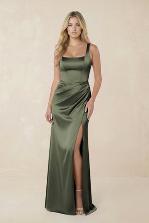 Sheath Square Neck Ruched Satin Bridesmaid Dress in Olive - KISS BRIDAL Bridesmaid Dresses