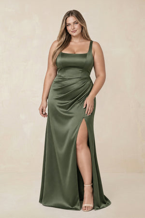Sheath Square Neck Ruched Satin Bridesmaid Dress in Olive [sizeplus] | KISSBRIDAL