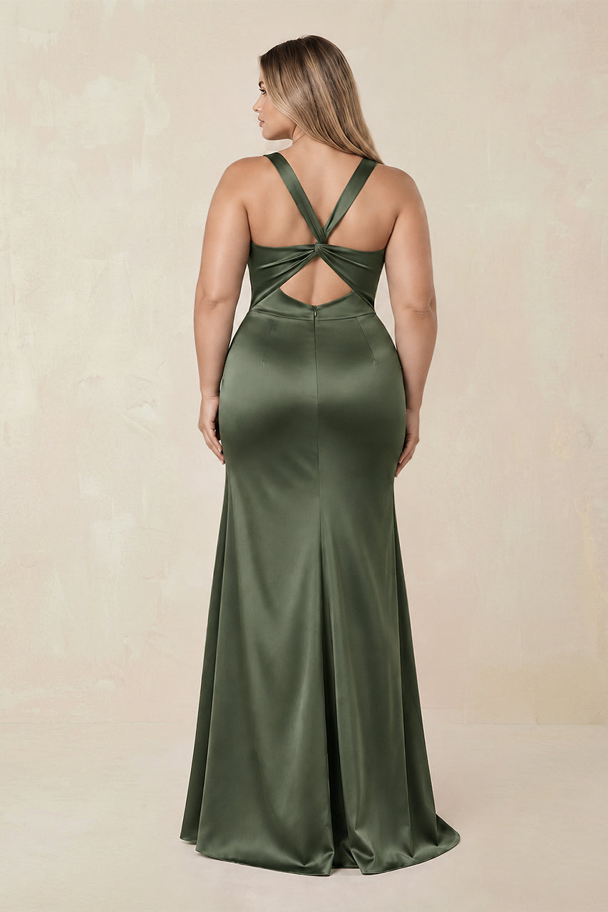 Sheath Square Neck Ruched Satin Bridesmaid Dress in Olive