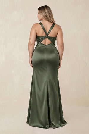 Sheath Square Neck Ruched Satin Bridesmaid Dress in Olive [sizeplus] | KISSBRIDAL
