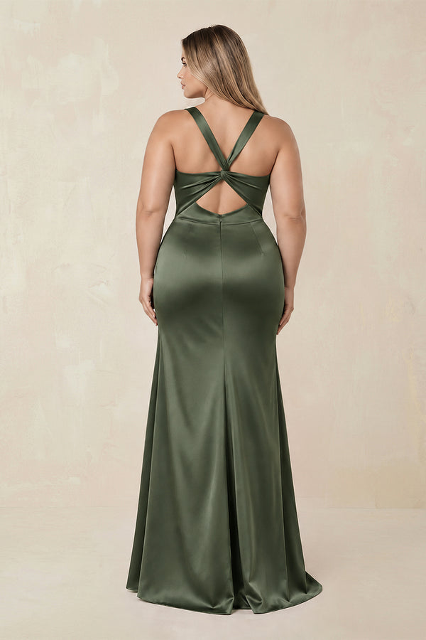 Sheath Square Neck Ruched Satin Bridesmaid Dress in Olive [sizeplus] | KISSBRIDAL