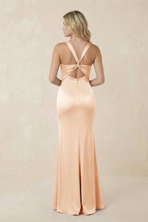 Sheath Square Neck Ruched Satin Bridesmaid Dress in Pale Blush - KISS BRIDAL Bridesmaid Dresses