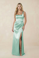 Sheath Square Neck Ruched Satin Bridesmaid Dress in Pale Pistachio - KISS BRIDAL Bridesmaid Dresses