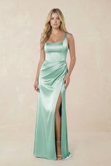 Sheath Square Neck Ruched Satin Bridesmaid Dress in Pale Pistachio - KISS BRIDAL Bridesmaid Dresses