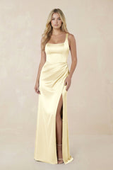 Sheath Square Neck Ruched Satin Bridesmaid Dress in Pastel Yellow - KISS BRIDAL Bridesmaid Dresses