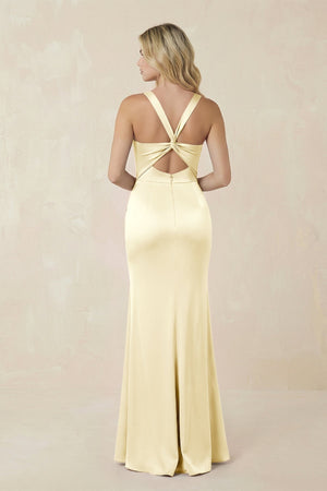 Sheath Square Neck Ruched Satin Bridesmaid Dress in Pastel Yellow - KISS BRIDAL Bridesmaid Dresses
