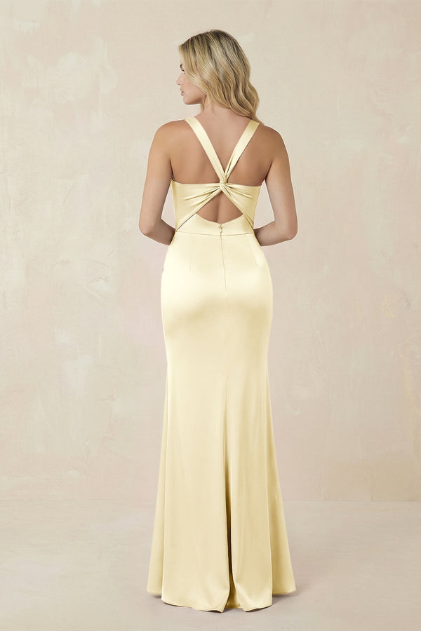 Sheath Square Neck Ruched Satin Bridesmaid Dress in Pastel Yellow - KISS BRIDAL Bridesmaid Dresses