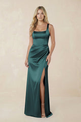 Sheath Square Neck Ruched Satin Bridesmaid Dress in Pine - KISS BRIDAL Bridesmaid Dresses