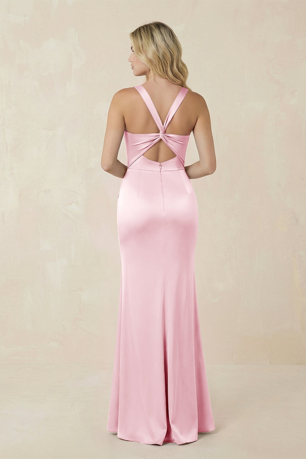 Sheath Square Neck Ruched Satin Bridesmaid Dress in Pink - KISS BRIDAL Bridesmaid Dresses