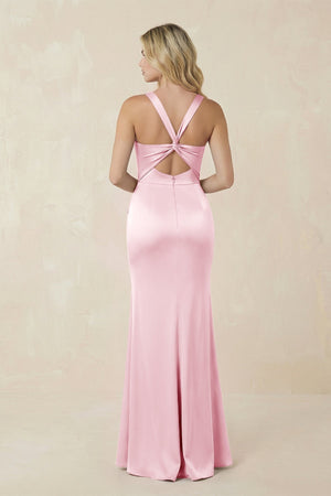 Sheath Square Neck Ruched Satin Bridesmaid Dress in Pink - KISS BRIDAL Bridesmaid Dresses