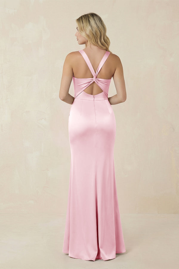 Sheath Square Neck Ruched Satin Bridesmaid Dress in Pink - KISS BRIDAL Bridesmaid Dresses