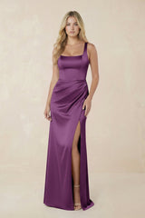 Sheath Square Neck Ruched Satin Bridesmaid Dress in Plum - KISS BRIDAL Bridesmaid Dresses