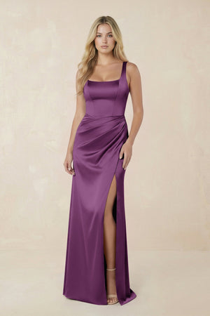 Sheath Square Neck Ruched Satin Bridesmaid Dress in Plum - KISS BRIDAL Bridesmaid Dresses