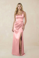 Sheath Square Neck Ruched Satin Bridesmaid Dress in Rosette - KISS BRIDAL Bridesmaid Dresses