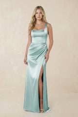 Sheath Square Neck Ruched Satin Bridesmaid Dress in Sage - KISS BRIDAL Bridesmaid Dresses