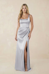 Sheath Square Neck Ruched Satin Bridesmaid Dress in Silver - KISS BRIDAL Bridesmaid Dresses
