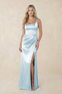 Sheath Square Neck Ruched Satin Bridesmaid Dress in Sky Blue - KISS BRIDAL Bridesmaid Dresses