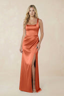 Sheath Square Neck Ruched Satin Bridesmaid Dress in Terracotta - KISS BRIDAL Bridesmaid Dresses