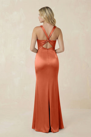 Sheath Square Neck Ruched Satin Bridesmaid Dress in Terracotta - KISS BRIDAL Bridesmaid Dresses