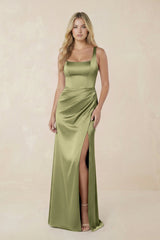 Sheath Square Neck Ruched Satin Bridesmaid Dress in Thyme - KISS BRIDAL Bridesmaid Dresses