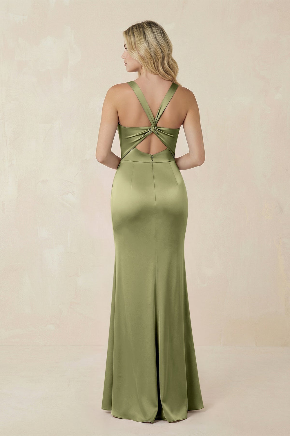 Sheath Square Neck Ruched Satin Bridesmaid Dress in Thyme - KISS BRIDAL Bridesmaid Dresses