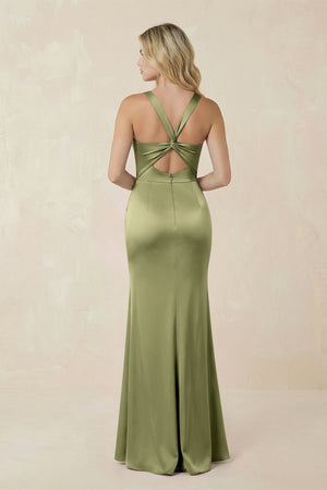 Sheath Square Neck Ruched Satin Bridesmaid Dress in Thyme - KISS BRIDAL Bridesmaid Dresses