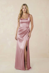 Sheath Square Neck Ruched Satin Bridesmaid Dress in Toffee - KISS BRIDAL Bridesmaid Dresses
