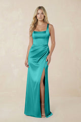 Sheath Square Neck Ruched Satin Bridesmaid Dress in Turquoise - KISS BRIDAL Bridesmaid Dresses