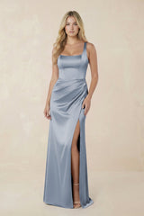Sheath Square Neck Ruched Satin Bridesmaid Dress in Twilight - KISS BRIDAL Bridesmaid Dresses