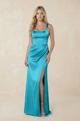 Sheath Square Neck Ruched Satin Bridesmaid Dress in Viridian Green - KISS BRIDAL Bridesmaid Dresses