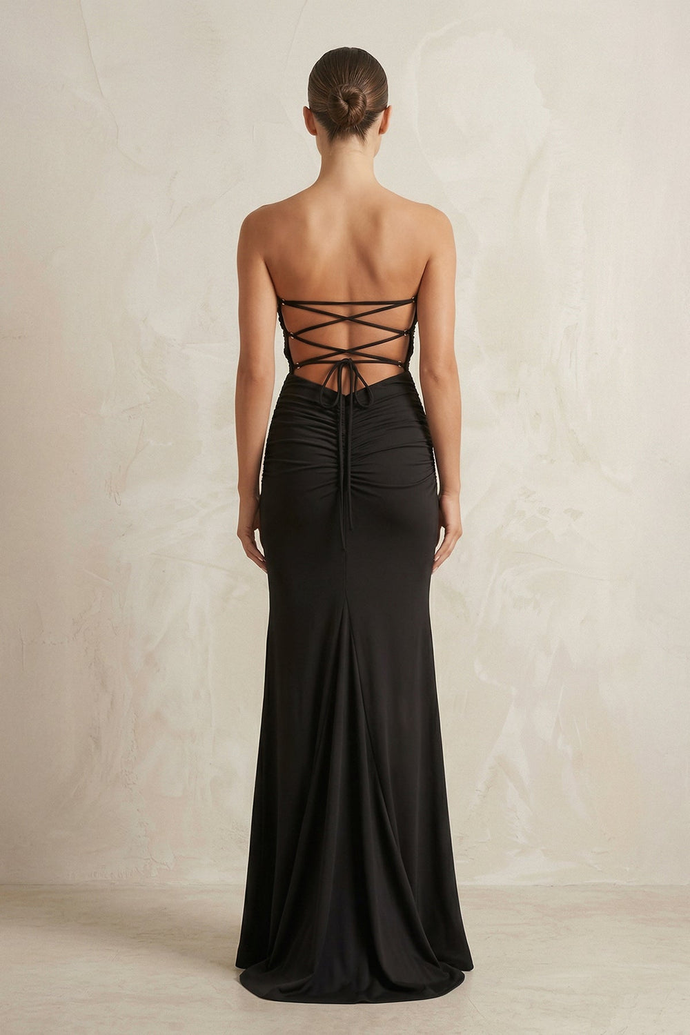 Sheath Strapless Ruched Satin Wedding Dress With Slit in Black - KISS BRIDAL Wedding Dresses