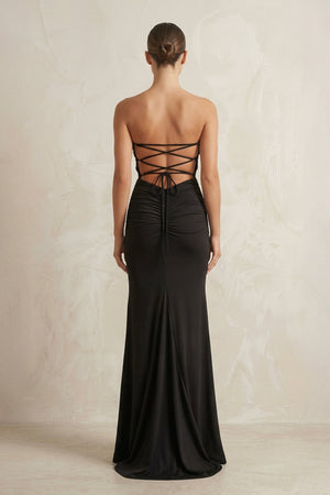 Sheath Strapless Ruched Satin Wedding Dress With Slit in Black - SHE IS ME Wedding Dresses