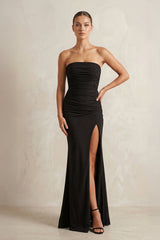 Sheath Strapless Ruched Satin Wedding Dress With Slit in Black - KISS BRIDAL Wedding Dresses