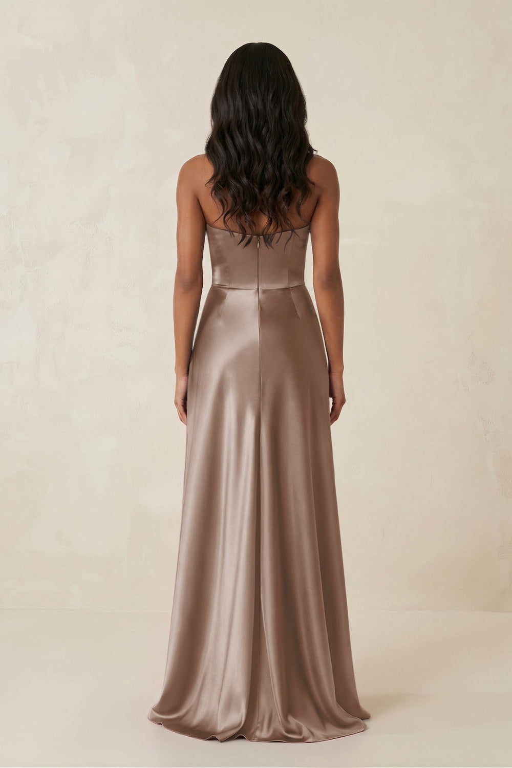 Sheath Strapless Ruffled Satin Bridesmaid Dress in Almond - SHE IS ME Bridesmaid Dresses